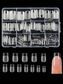 216 piezas de puntas de uñas acrílicas de gel suave, sin necesidad de limar, media longitud cuadrada de 12 tamaños, uñas falsas transparentes semimates de gel suave, para extensión de uñas, arte de uñas DIY, salón, duraderas y de larga duración, se pueden usar como regalo para mujeres - transparente - Ver 1