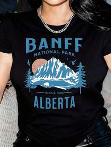 Camiseta holgada de cuello redondo para mujer con estampado del Parque Nacional Banff, Alberta - Ropa para vacaciones de primavera y verano - Negro - Ver 5