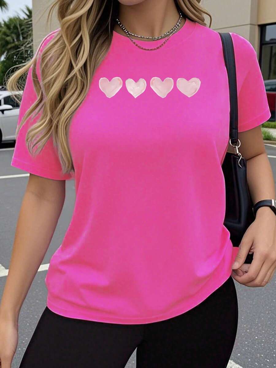Women's Short-Sleeved T-Shirt, Y2K Style, Simple And Elegant, With A Round Neck, Casual Workout Wear, Sporty And Modern Design With An Artistic Heart Print. AXYF - 玫紅色 - 查看 1