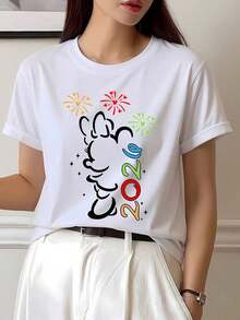 Tops de Mujer, Camiseta de Verano 100% Algodón Puro con Cuello Redondo y Manga Corta, Diseño Elegante con Patrón de Arte de Fuegos Artificiales, Suave, Transpirable, Versátil y Casual para Uso Diario - Blanco - Ver 1