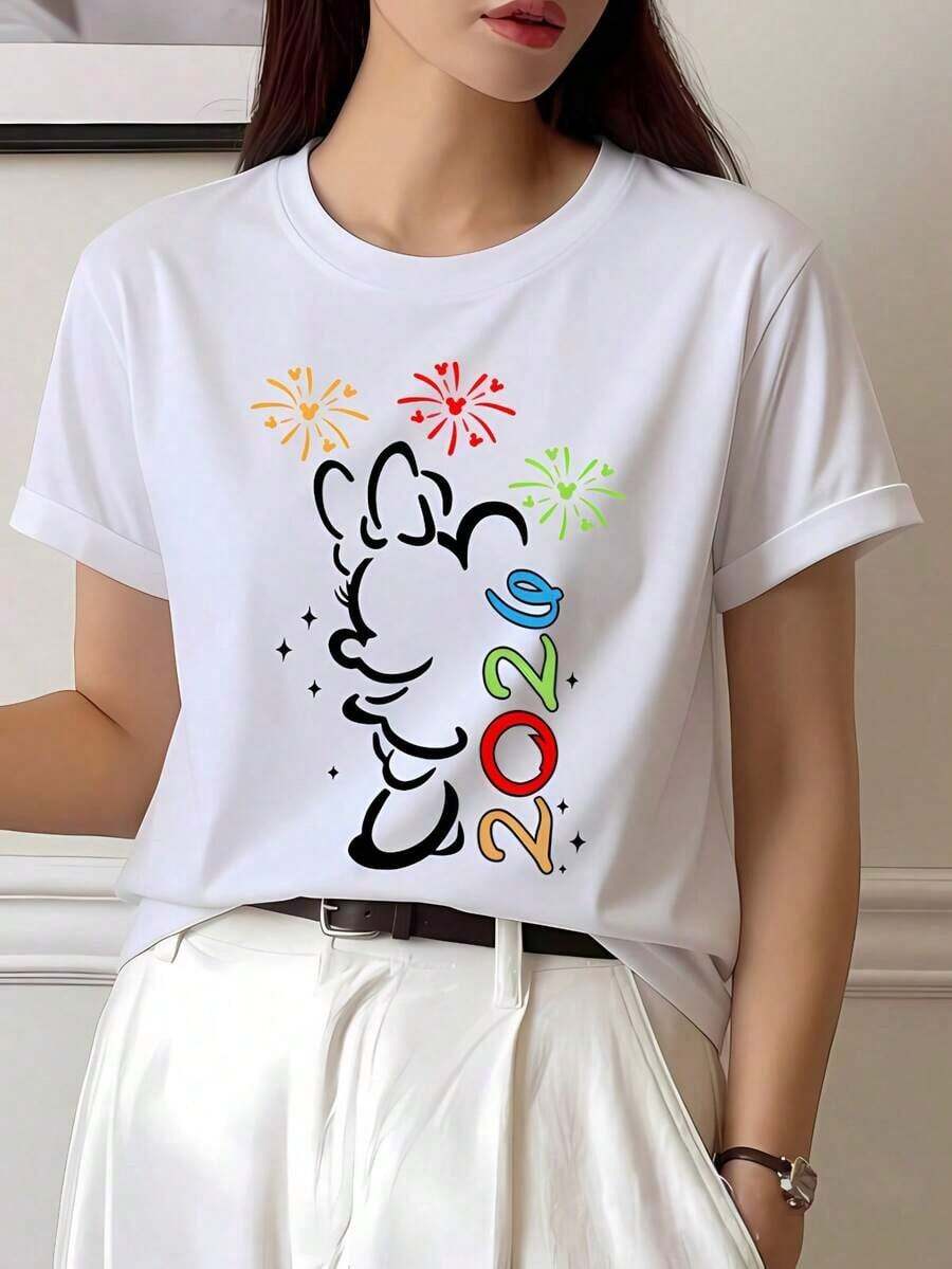 Tops de Mujer, Camiseta de Verano 100% Algodón Puro con Cuello Redondo y Manga Corta, Diseño Elegante con Patrón de Arte de Fuegos Artificiales, Suave, Transpirable, Versátil y Casual para Uso Diario - Blanco - Ver 1
