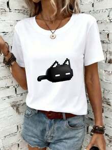 ropa de mujer Camiseta de diseño estampado casual 100% algodón para mujer YS260318039 Nueva camiseta estampada de manga corta para mujer con estampado de gato estilo pixelado, diseño lindo y divertido, top atractivo, elegante y casual a la moda, tops de verano 2026, camisas de mujer para atuendos diarios - Blanco - Ver 1