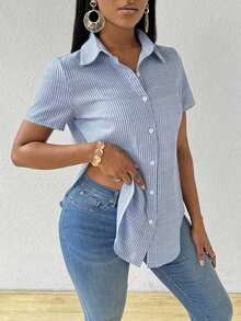 Camisa de mujer de manga corta con rayas verticales y bajo con abertura, blusas de manga corta - Azul - Ver 1