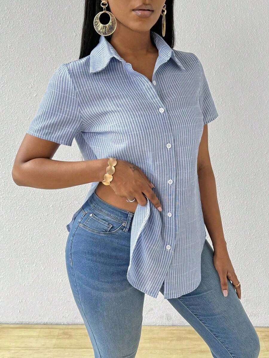 Camisa de mujer de manga corta con rayas verticales y bajo con abertura, blusas de manga corta - Azul - Ver 1