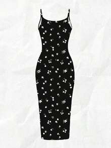 Vestido de tirantes ajustado con estampado floral minimalista y casual, adecuado para verano, vacaciones y playa - Multicolor - Ver 2