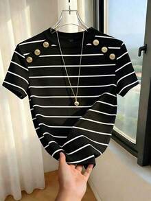 Suéter de punto de estilo minimalista francés para mujer, diseño de bloques de color a rayas clásico en negro y blanco, cuello redondo de manga corta, versátil y casual, adecuado para uso diario, trabajo, citas, estudiantes, maestros y talla gran - Multicolor - Ver 8