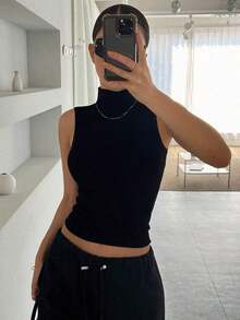 Camiseta de mujer de cuello alto con ajuste ceñido, camiseta sin mangas tipo tanque con estilo Y2K - Negro 10 - Ver 4