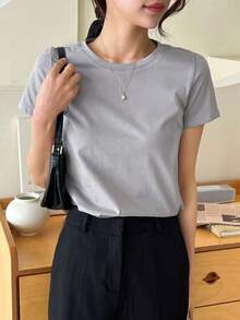 Camiseta de cuello redondo de manga corta de unicolor versátil y casual, tops estilo universitario - Gris Claro - Ver 8