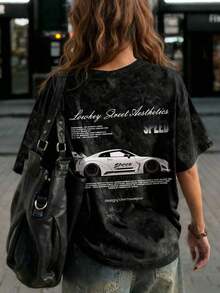 Camiseta de manga corta con cuello redondo, estampado de coche de carreras blanco y teñido anudado, de estilo simple y veraniego, de moda y versátil, en color negro - Estilo - Ver 2