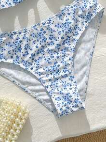 Swim Conjunto de traje de baño para mujer con adorno floral, estilo lindo, dulce y retro, para vacaciones y playa - Beis - Ver 9