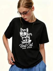 Camiseta suave de 180g para mujer - Mejor Papá de Gatos, adecuada como regalo, corte holgado informal, cuello redondo y manga corta, lavable aáquina, camiseta de marca - adecuada para actividades de building y uso casual diario (durante todo el año) - Camiseta unisex de algodón holgada de manga corta y cuello redondo estilo vintage urbano. - Negro - Ver 7