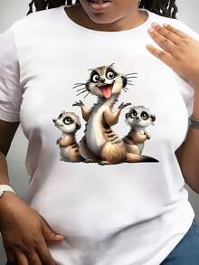 Blusa Elegante de Fiesta para Mujer con Estampado de Familia de Tres Animales de Dibujos Animados, Corte Holgado, Ajustado, Elástico, Cuello Redondo, Manga Corta - Blanco - Ver 7