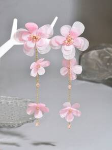 1 Pair Elegant Fabric Flower Long Earrings, Suitable For Daily Wear (Bead Color Random) - Light Pink - E173D - View 3