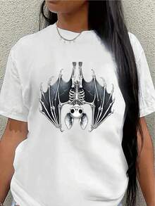 Camiseta de manga corta de poliéster, diseño con estampado de esqueleto de murciélago, ligera y duradera, adecuada para uso casual en casa o en restaurantes, cómoda y ajustada para el uso diario.blusa casual mujer - Blanco - Ver 1