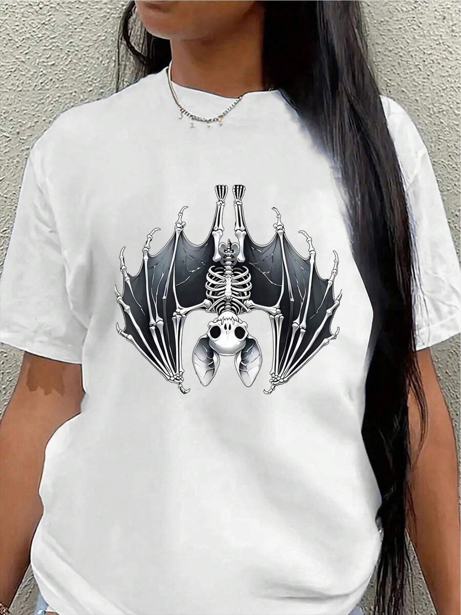 Camiseta de manga corta de poliéster, diseño con estampado de esqueleto de murciélago, ligera y duradera, adecuada para uso casual en casa o en restaurantes, cómoda y ajustada para el uso diario.blusa casual mujer - Blanco - Ver 1