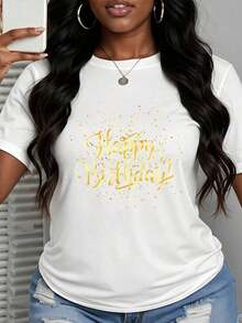 Camiseta Blanca de Mujer con Estampado de Papel Dorado "Feliz Cumpleaños", Estilo Casual de Manga Corta, Regalo para Celebración de Cumpleaños, Estilo Vintage Urbano, Unisex, de Algodón 100% - Blanco - Ver 3