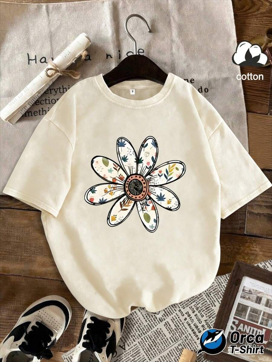 Camiseta de manga corta de punto, estilo vintage, desgastada, holgada y casual, para hombre y mujer, con cuello redondo, estampado floral y pétalos decorados con elementos vegetales coloridos.Lavable a máquina, adecuada para todas las estaciones, perfecta para actividades casuales al aire libre y ropa casual de verano. - Albaricoque - Ver 1
