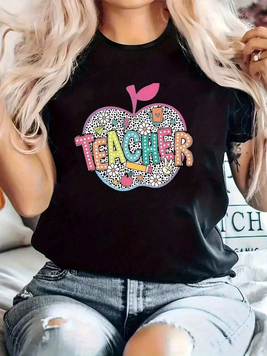 T-shirt única y estilizada para maestros diseño de manzana colorida y creativa y2k perfecta para destacar en cualquier ocasión ideal para un estilo moderno y auténtico disponible en todas las tallas busca ser el centro de atención y muestra tu pasión por la enseñanza - Negro - Ver 1