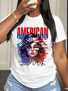 Camiseta de Mujer con Diseño Patriótico de la Bandera Americana y una Chica con Gafas de Sol para el 25 de Julio, Día de la Independencia, para Celebración del Cuarto de Julio, Ropa Casual para Fiesta - Blanco - Ver 6