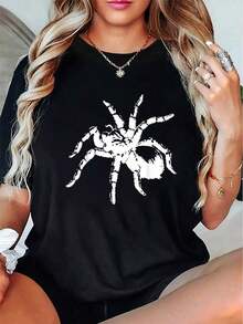 Women's Cotton T-Shirts. A Stylish Short-Sleeved Women's T-Shirt With A Minimalist Spider Graphic, Perfect For Casual Sportswear And Comfortable Summer Outfits During Vacations. - 黑色 - 查看 1