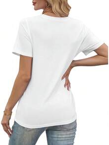 1 pieza de camiseta de manga corta con estampado de letras para mujer Avanova, cuello redondo, casual, linda, para verano, 180g, 100% algodón. - Blanco - Ver 6