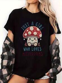 Under The Radar - Camiseta Casual de Cuello Redondo para Mujer con Estampado de Hongos, Tejido de Punto, Suave y con Microelasticidad, Diseño de Plantas para Otoño/Invierno, Largo Regular - Uso Diario - Estilo Urbano Vintage Unisex, Camiseta Holgada de Algodón de Manga Corta y Cuello Redondo - Negro - Ver 6