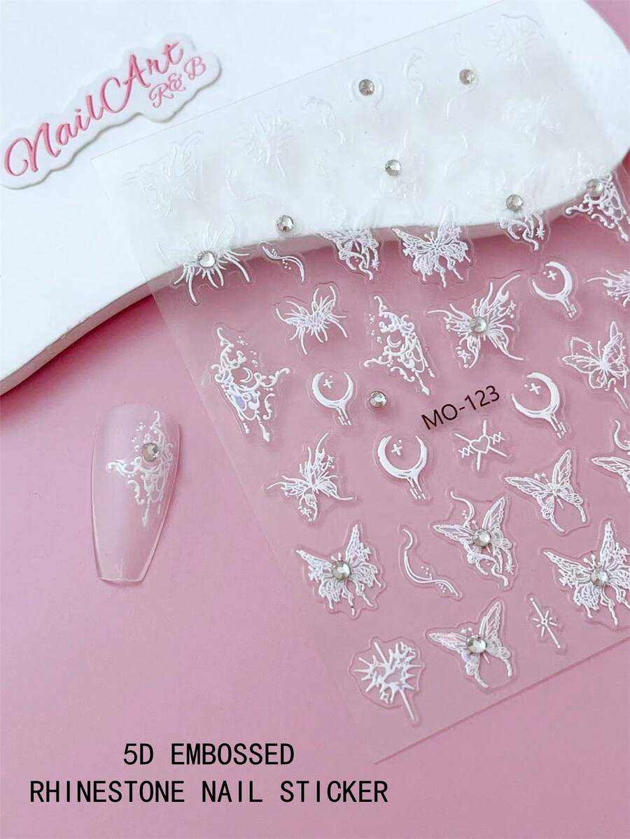 Stiker Kuku Rhinestone Timbul 5D, Kuku, Dekorasi Kuku DIY, Stiker Kuku, Menampilkan Pola Kupu-kupu, Bulan Sabit, dan Bintang Putih Aurora Timbul 5D, Sebagian Bertatahkan Rhinestone, Sempurna Untuk Anak Perempuan Untuk Membuat Seni Kuku. Cocok Untuk Menciptakan Tampilan yang Lembut dan Anggun - MultiWarna - View 1