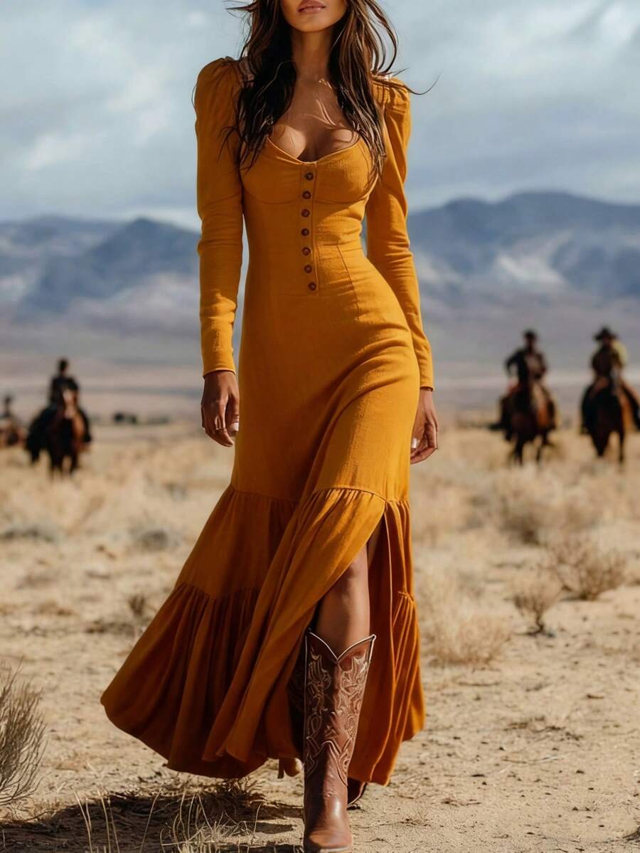 Vestido nuevo para mujer, estilo western retro, manga larga, con botones y frunces, diseño sexy y favorecedor, perfecto para fiestas, citas, looks de noche y ocasiones especiales - Bronce - Ver 1