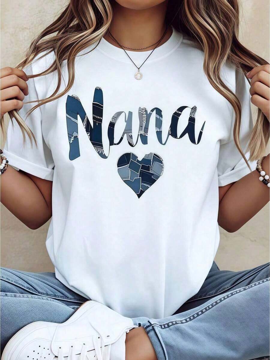 1 pieza de ropa para mujer, camiseta blanca con estampado de corazón Nana, camiseta unisex de cuello redondo casual, tela ligera, lavable a máquina, para primavera/verano/otoño, Día de la Madre/Navidad/Acción de Gracias, 180g, 100% algodón. - Blanco - Ver 1
