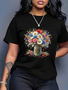 Cuello Redondo Talla Grande - Camiseta con Estampado de Ramo para Mujer - Tallas Grandes 0XL-5XL, camiseta suave y transpirable para uso diario, disponible en rosa, azul, amarillo, verde, beige - Camisa casual para todas las estaciones, camiseta de mujer, cómoda para el verano, camiseta de corte holgado, tela cómoda, top de manga corta, prenda esencial para el guardarropa de verano, top de cuello redondo, material ligero, blusa casual de talla grande para mujer. - Negro - Ver 7