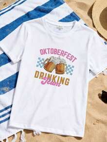 1 camiseta gráfica de Oktoberfest para mujer (tallas S-2XL) - Camiseta negra 100% de manga corta con cuello redondo, con diseño de jarra de cerveza colorida y texto en alemán, atuendo divertido para fiestas de Oktoberfest para amantes de la cerveza, informal, 180g, 100% algodón. - Blanco 1 - Ver 3
