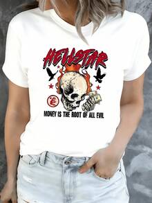 Calavera rodeada de fuego con cuervos y billetes simbolizando la ambición y la lucha interior camiseta de mujer moderna y cómoda para uso diario - Blanco - Ver 1
