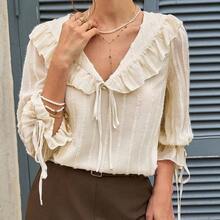 Blusa holgada con cuello en V con volantes, de manga 3/4, nueva llegada de primavera/verano con estilo romántico francés para mujer - Albaricoque - Ver 5