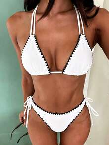 Bộ bikini nữ Shell Edge mới năm 2024, bộ bikini hai mảnh buộc dây, đồ bơi mùa hè đi biển. - Đen và trắng - Xem 2