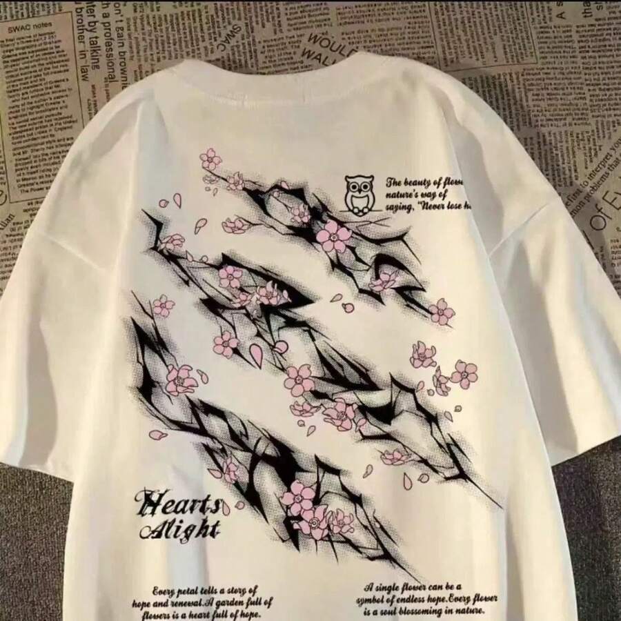 Camiseta De Manga Corta Unisex De Estilo Americano Con Estampado De Flores De Cerezo Y Rayos, De La Marca Conjunta , VersáTil Y De Moda Urbana Para El Verano. - Blanco - Ver 1