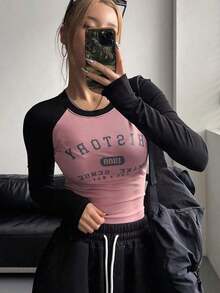 Camiseta de manga larga de ajuste ceñido con cuello redondo, estampado de letras y mangas raglán de color block, ropa de otoño con estampado gráfico - Multicolor 2 - Ver 5