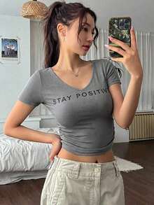 Camiseta casual de mujer de cuello redondo y manga corta con estampado de letras, camisetas estampadas - Gris 3 - Ver 5