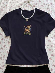 Camiseta de manga corta de cuello redondo con estampado casual de ciervos, flores y mariposas para mujer, verano - Azul marino - Ver 1