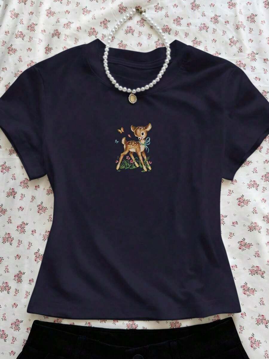 Camiseta de manga corta de cuello redondo con estampado casual de ciervos, flores y mariposas para mujer, verano - Azul marino - Ver 1