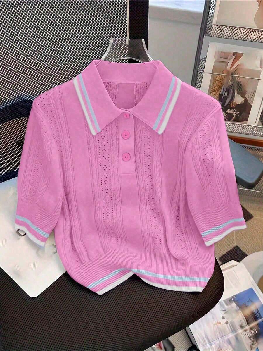 Top de punto casual y versátil con diseño hueco y cuello polo de verano - Rosa - Ver 1