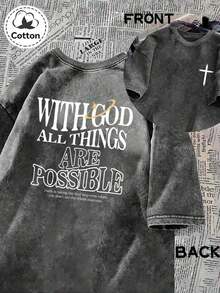 God Is With You, Everything Is Possible. Men's Short-Sleeved T-Shirt With Double-Sided Print, High Quality, Thick And Heavyweight, Loose Fit, Made Of Old Cotton, Washed With Water, With A Round Neck, Casual Style, 100% Cotton, Retro Washed Style, Vintage Y2K T-Shirt, Unisex Washed Cotton T-Shirt, Mother's Day Gift. - 白色 - 查看 7