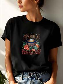 1 Piece Of Short-Sleeved T-Shirt, 100% Cotton, Casual Style With Tequila And Tropical Fruit Print, Fun And Colorful Design, Ideal For Everyday Summer Wear For Women - 黑色 - 查看 1