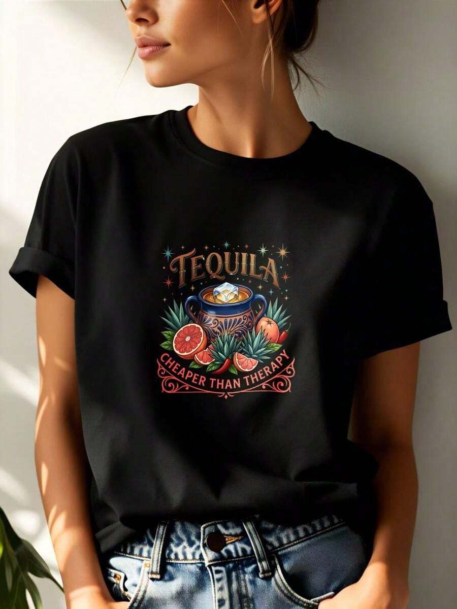 1 Piece Of Short-Sleeved T-Shirt, 100% Cotton, Casual Style With Tequila And Tropical Fruit Print, Fun And Colorful Design, Ideal For Everyday Summer Wear For Women - 黑色 - 查看 1