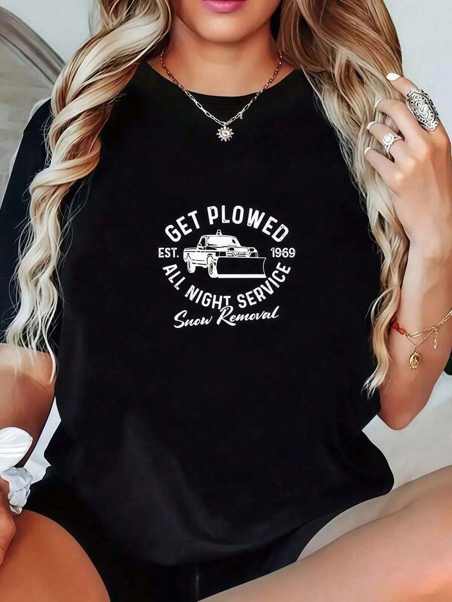 Manga Cortasummer outfits for womenCamiseta Gráfica Divertida De Humor De Invierno Get Plowed Snow Ral Service Tallas S-5XLtops de mujerVintage - Negro - Ver 1