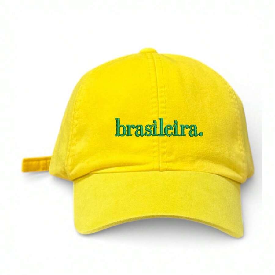 Brazilian-Made Unisex Dad Hat In 100% Cotton Twill With Curved Brim. - 黃色刺繡綠色 - 查看 1