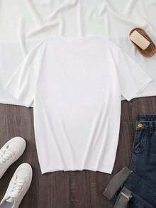Short-Sleeve Letter Print T-Shirt, Casual Round Neck Short-Sleeve T-Shirt, Women's T-Shirts For Valentine's Day, Simple Graphic Print Summer Tops, Casual Mother's Day Gift. Suitable For Spring, Summer, And Autumn. - 白色 - 查看 2