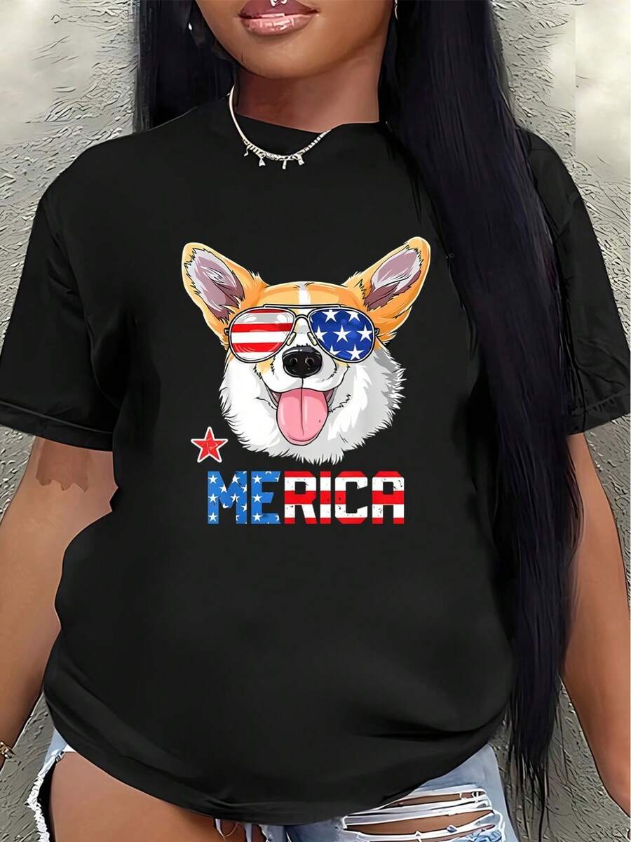 Camiseta de manga corta de poliéster, con un diseño de un corgi patriótico que lleva gafas de moda y una bandera estadounidense, junto con la palabra "MERICA". Ideal para uso diario casual, fiestas o actividades al aire libre. Fabricada con un tejido ligero y duradero, ofrece una experiencia de uso cómoda durante todo el día. - Negro - Ver 1