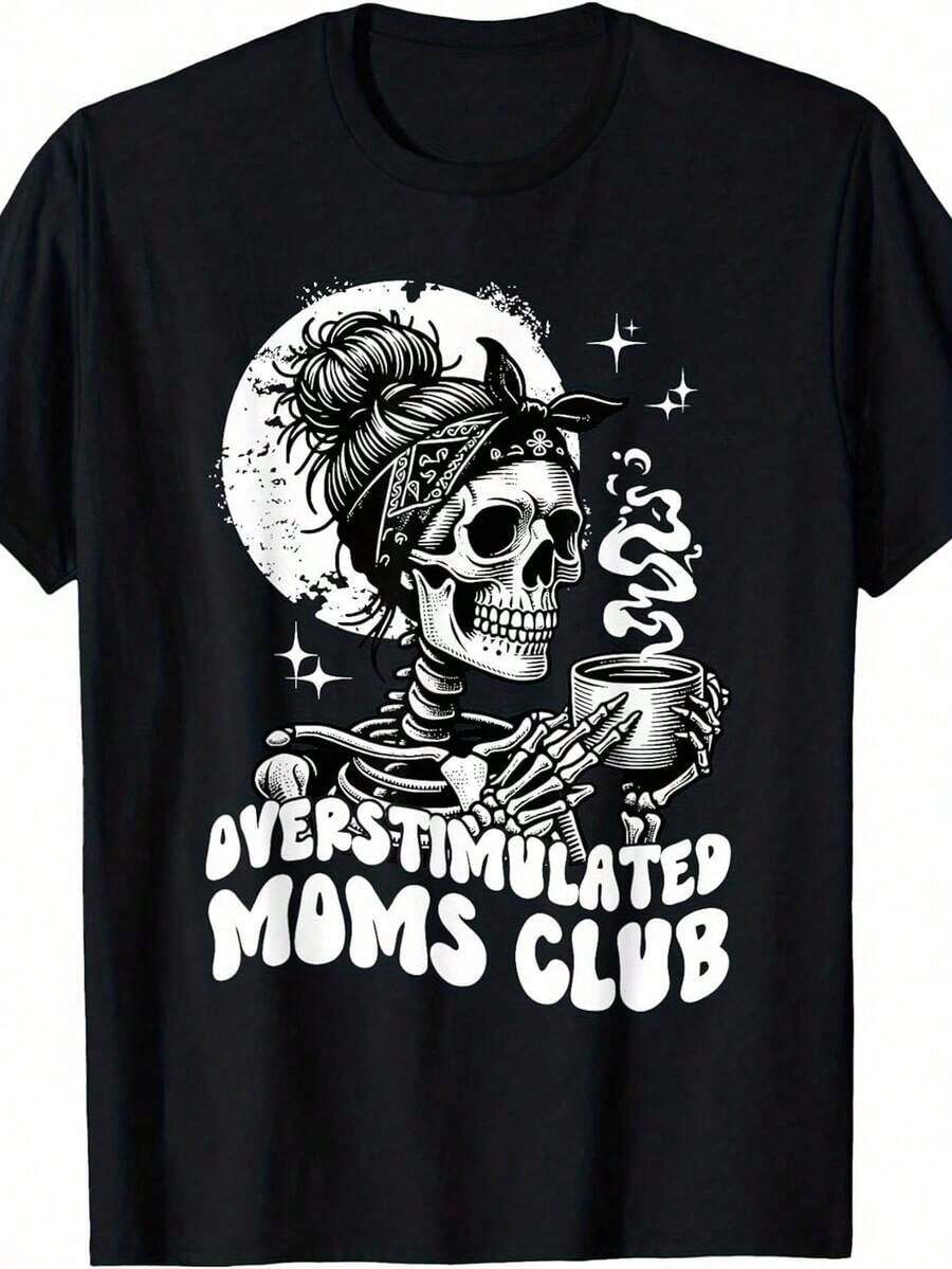 Club de Mamás Súper Estimuladas con Esqueleto Bebiendo Café - Camisa Floral Casual de Oficina para Mujer - Elegante de Manga Corta, Ideal para Viajes Diarios - Negro - Ver 1