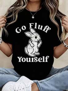 "Go Fluff Yourself" Rabbit Print T-Shirt For Casual Wear And Everyday Outfits - Vintage Urban Style, Unisex, Cotton, Short Sleeve, Crew Neck, 100% Cotton - Black - View 7