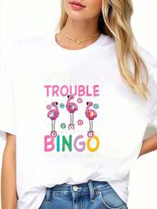 Apparently, They Gave Us Trouble When We Played Bingo Together. Who Would Have Thought? Women's Flamingo Graphic T-Shirt, Fun Party Outfit, Casual Wear, Birthday Gift Idea - Vintage Street Style, Unisex, Loose Fit, Cotton, Short Sleeve, Crew Neck, 100% Cotton. - 白色 - 查看 3